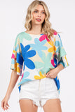 Blue Floral Print Double Layer Sleeve Top