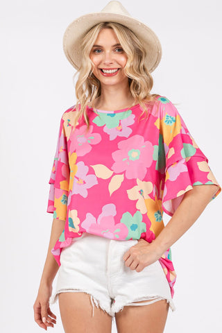 Pink Floral Print Double Layer Sleeve Top