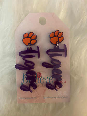 Clemson Tiger Acrylic Script Earrings