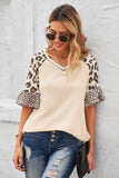 Mixed Leopard Ruffle Sleeve Waffe Top