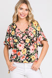 Black Floral Cuff Sleeve Top