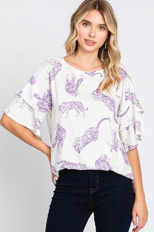 Purple Tiger Print Double Layer Sleeve Top