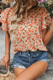 Orange Floral Tiered Ruffle Sleeve Blouse