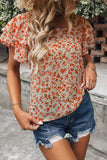 Orange Floral Tiered Ruffle Sleeve Blouse