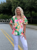 Pink/Green Floral Bell Sleeve Top