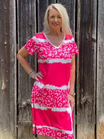 Pink Leopard Print Colorblock Dress