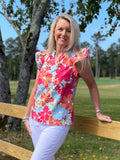 Orange and Pink Floral Flutter Sleeve Blouse
