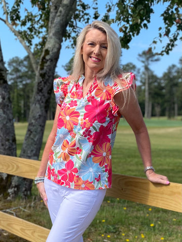 Orange and Pink Floral Flutter Sleeve Blouse