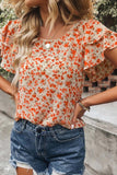 Orange Floral Tiered Ruffle Sleeve Blouse