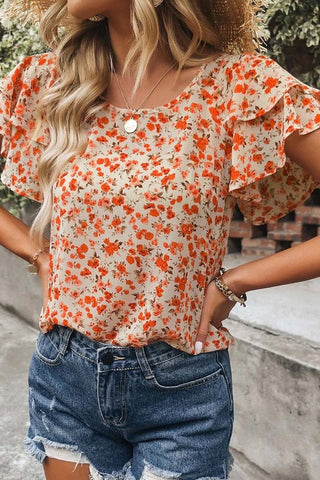 Orange Floral Tiered Ruffle Sleeve Blouse