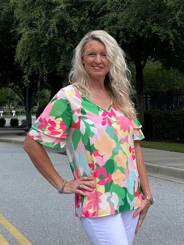 Pink/Green Floral Bell Sleeve Top