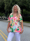 Pink/Green Floral Bell Sleeve Top