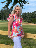 Orange and Pink Floral Flutter Sleeve Blouse