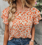 Orange Floral Tiered Ruffle Sleeve Blouse