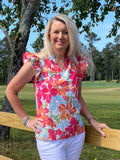 Orange and Pink Floral Flutter Sleeve Blouse