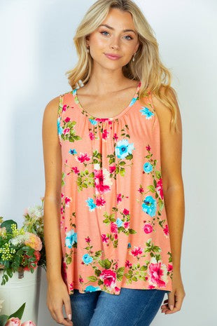 Coral Sleeveless Floral Knit Top